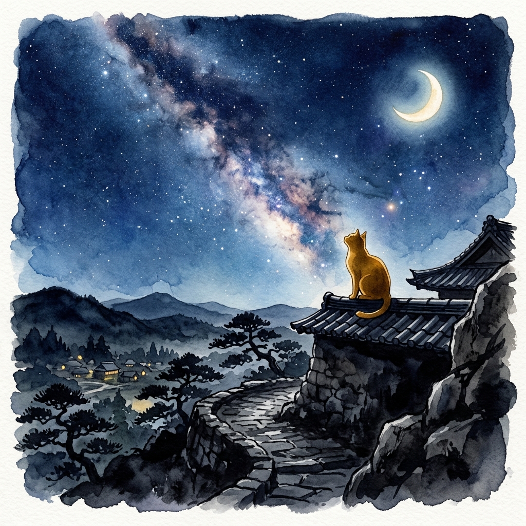星空を見上げる猫のイラスト