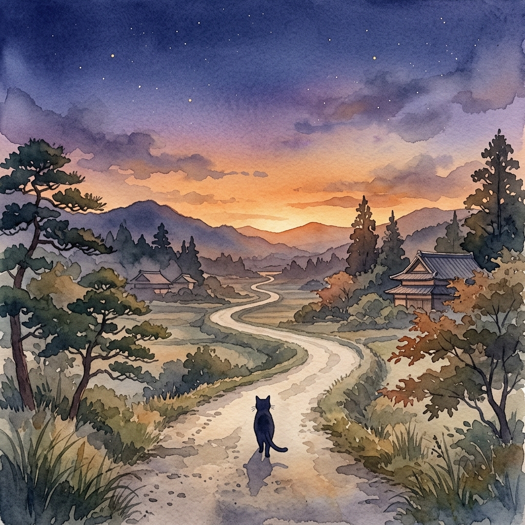 夜の旅路を歩く猫のイラスト